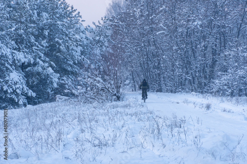 Man on the bike cycle follows in winter in beautiful snowy off-road with pine trees in frozen forest. Active leisure. Living healthy outdoor lifestyle.