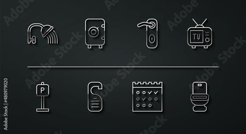 Set line Shower head, Parking, Retro tv, Hotel booking calendar, Please do not disturb, Safe, Toilet bowl and Door handle icon. Vector