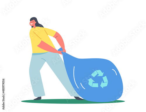 Girl Pull Garbage Sack Isolated on White Background. Child Character Clean Park. Trash Cleanup, Ecology Protection