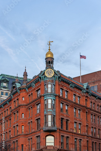 Bank Building in the financial sector of downtown was built in 1888 of red brick in the Queen Anne style and features terra cotta and copper ornamentation