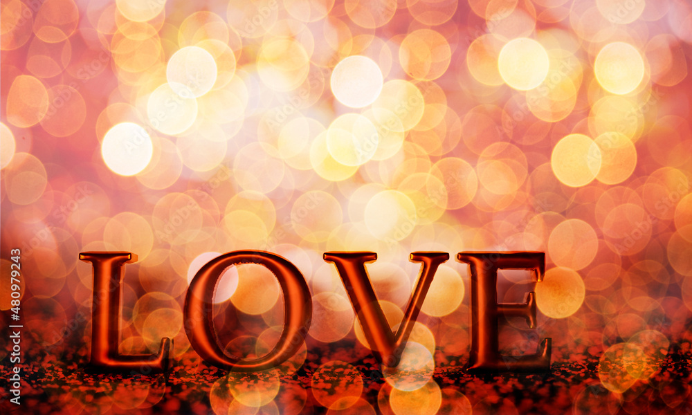Fototapeta premium Golden foil love balloons on glitter gold bokeh confetti. Valentine's day greeting card. Luxury valentine background with abstract shiny blur and love letter. 