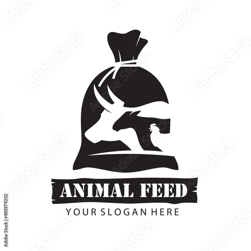 farm animals feed in sack with cow, chicken and sheep isolated on white background