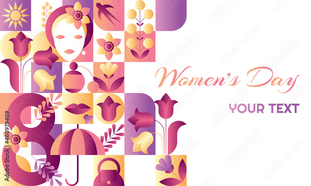 Greeting card for 8 March. Flat mosaic geometric pattern. Women's international day design. Greeting card for 8 March. Flat mosaic geometric pattern. Women's international day design.