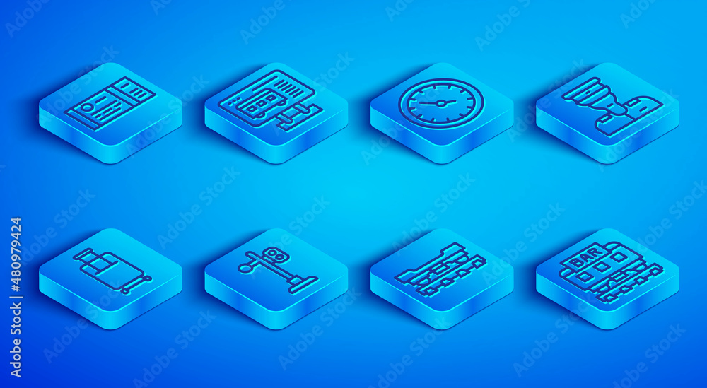 Fototapeta premium Set line Train ticket, Ticket office to buy tickets, station clock, traffic light, Cargo train wagon, conductor, Suitcase and Restaurant icon. Vector