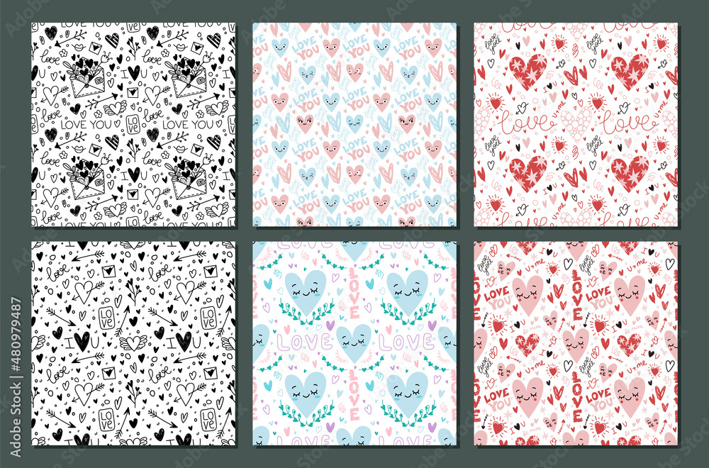 Valentine's day set of vector cute flat seamless patterns with love lettering, arrows and hearts pattern. Hand drawn doodle background collection for baby fabric, scrapbooking, textile Valentine's day set of vector cute flat seamless patterns with love lettering, arrows and hearts pattern. Hand drawn doodle background collection for baby fabric, scrapbooking, textile