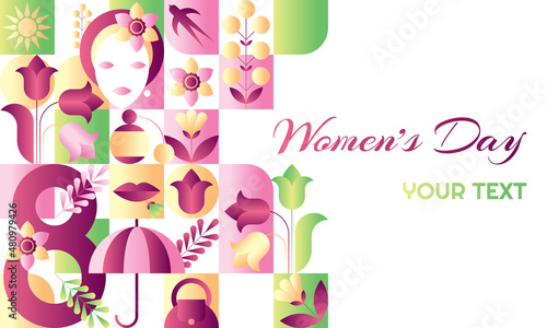 Greeting card for 8 March. Flat mosaic geometric pattern. Women's international day design.