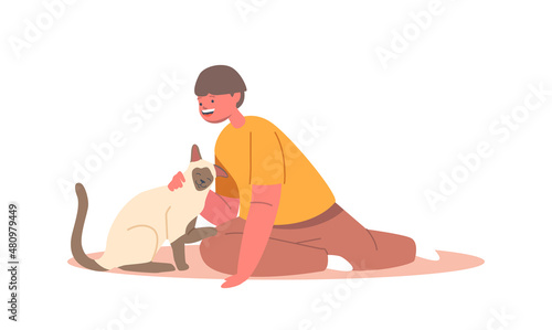 Love, Tenderness to Animals Concept, Preteen Kid Hug and Caress Cat, Little Child Cuddle with Pet, Boy Play with Kitten