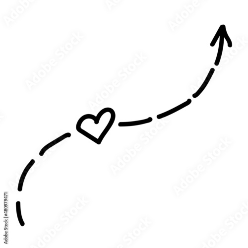 Linear doodle arrow with heart and dotted line. Love pointer, trajectory, like. Vector design element for social media, valentines day and romantic designs.