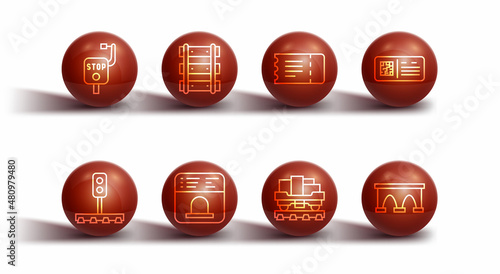 Set line Emergency brake, Train traffic light, QR code ticket train, Cargo wagon, Ticket office to buy tickets, Railway, railroad track, Bridge for and icon. Vector