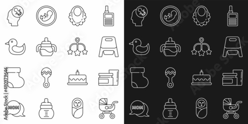 Set line Baby stroller, food, potty, bib, bottle, Rubber duck, dummy pacifier and crib hanging toys icon. Vector