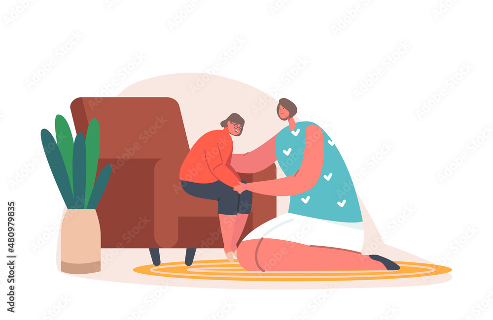 Obraz premium Mother and Daughter Sitting on Sofa in Living Room Speak and Share Problems. Mom and Girl Talking, Parent Support Child