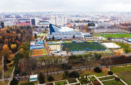 Top view of city park with european deciduous trees