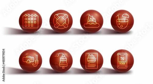 Set line Calendar, Diving mask and snorkel, Coconut cocktail, Cruise ship, Ship bell, Lifebuoy, ticket and Tropical island ocean icon. Vector