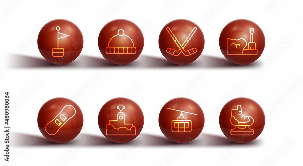 Set line Location marker, Snowboard, Shovel in snowdrift, Cable car, Award winner podium, Winter hat, Skates and Ice hockey sticks icon. Vector Set line Location marker, Snowboard, Shovel in snowdrift, Cable car, Award winner podium, Winter hat, Skates and Ice hockey sticks icon. Vector