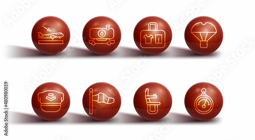 Set line Plane landing, Pilot hat, Box flying on parachute, Airplane seat, Cone meteorology windsock, Fuel tanker truck, Barometer and Suitcase icon. Vector