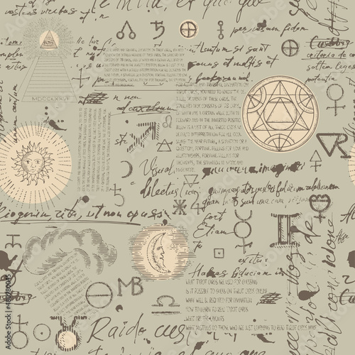 Abstract pattern of alchemical, esoteric, mystical symbols and unreadable handwritten scribbles. Seamless background with astrological icons and linear engravings with tarot card icons. © Gala