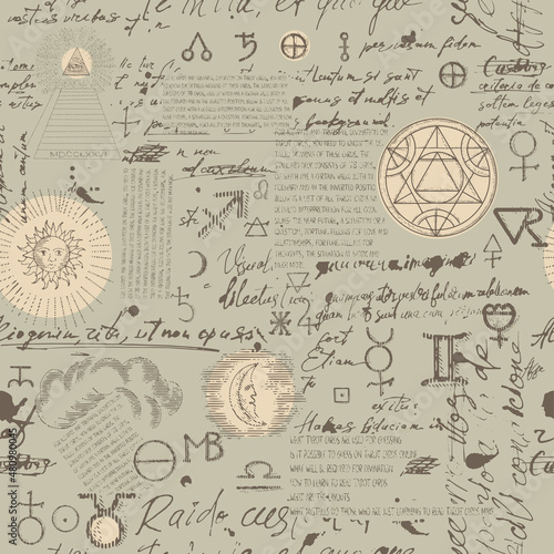 Abstract pattern of alchemical, esoteric, mystical symbols and unreadable handwritten scribbles. Seamless background with astrological icons and linear engravings with tarot card icons.