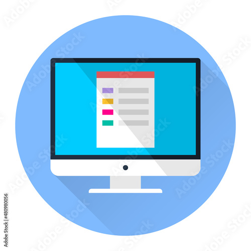 Desktop computer, computer monitor icon with screen saver. Cartoon illustration, vector.