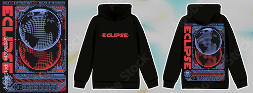 Modern poster with text "Eclipse" planet sphere. In Techno style, stylish print for streetwear, print for t-shirts and hoodies, isolated on black background.