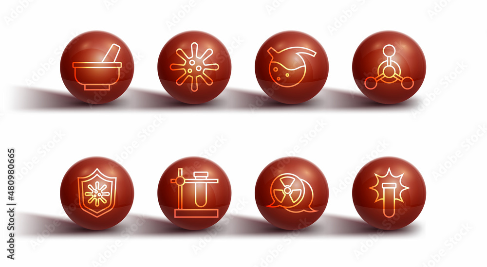 Set line Mortar and pestle, Shield protecting from virus, Molecule, Radioactive, Test tube flask on stand, Bacteria, Chemical explosion and icon. Vector Set line Mortar and pestle, Shield protecting from virus, Molecule, Radioactive, Test tube flask on stand, Bacteria, Chemical explosion and icon. Vector