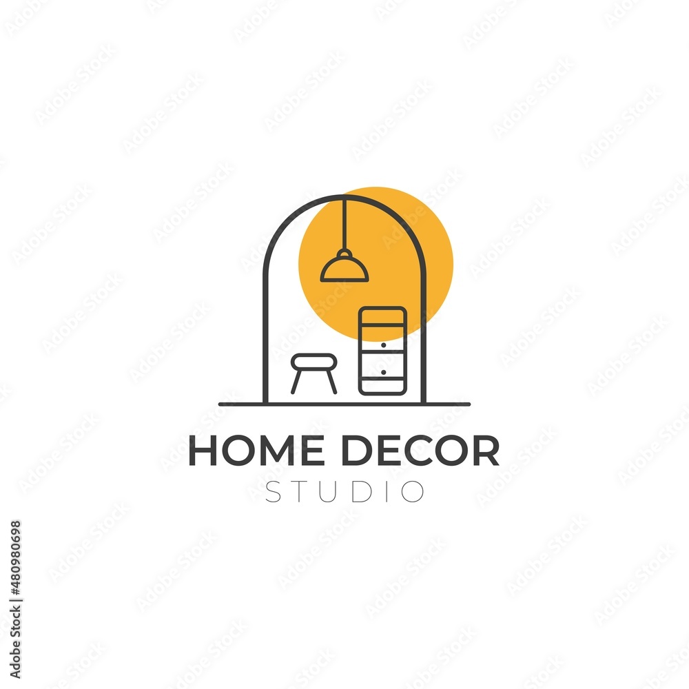 Home decor icon logo with minimalist living room interior and lighting