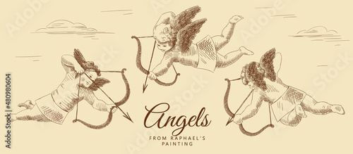 Three little angels with wings are flying, holding a bow and arrows in their hands. From a painting by Raphael Santi. Italian Renaissance. Vintage brown and beige card, hand-drawn, vector. Old design.