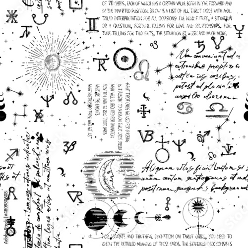 Abstract pattern of alchemical, esoteric, mystical symbols and unreadable handwritten scribbles. Seamless background with astrological icons and linear engravings with tarot card icons.