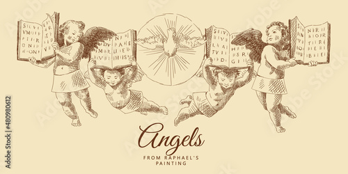 Four little angels with wings hold open books in their hands. The dove of peace in the center. From a painting by Raphael Santi. Italian Renaissance. Vintage brown and beige card, hand-drawn, vector. 