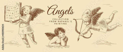 Collection of sketches of three little angels with wings, with book, with bow and arrow, a thoughtful angel. Vintage brown and beige card, hand-drawn, vector. Old design. Romantic collection. photo