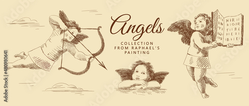 Collection of sketches of three little angels with wings, with book, with bow and arrow, a thoughtful angel. Vintage brown and beige card, hand-drawn, vector. Old design. Romantic collection.