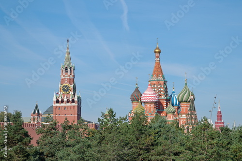 View of the Cathedral of the Intercession of the Most Holy Theotokos on the Moat (St. Basil's Cathedral) and the towers of the Moscow Kremlin, Russia