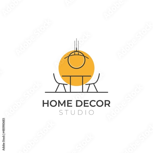 Home decor icon logo with minimalist living room interior and lighting on background.
