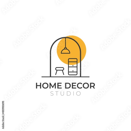 Home decor icon logo with minimalist living room interior and lighting on background.