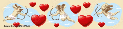 Three little cupids with wings are flying, holding a bow and arrows in their hands. Red hearts around, on the background of the sky with clouds. Vintage card, hand-drawn, vector. Valentine's day card.