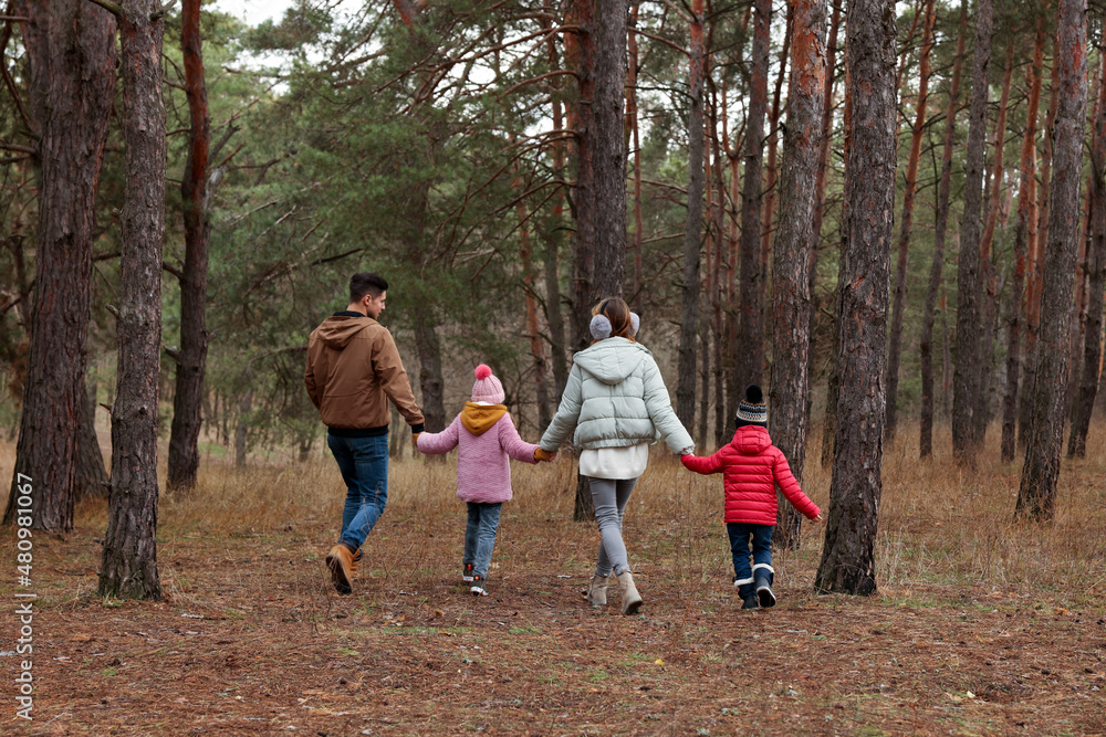 Happy family spending time together in forest, back view Happy family spending time together in forest, back view