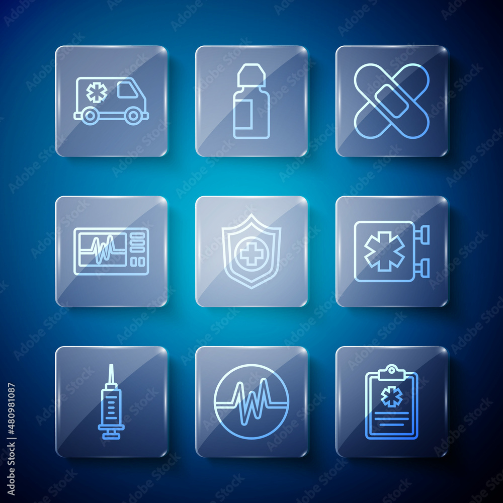 Set line Syringe, Heart rate, Clinical record, Crossed bandage plaster, Life insurance hand, Monitor with cardiogram, Emergency and Medical symbol of the icon. Vector Set line Syringe, Heart rate, Clinical record, Crossed bandage plaster, Life insurance hand, Monitor with cardiogram, Emergency and Medical symbol of the icon. Vector
