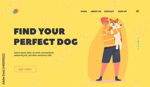 Kid Hug and Cuddle Funny Korgi Dog Landing Page Template. Child Character Playing with Pet, Boy Holding Cute Puppy