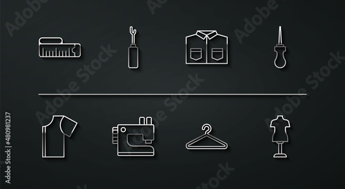 Set line Tape measure, Sewing pattern, Awl tool, Hanger wardrobe, machine, Mannequin and Shirt icon. Vector