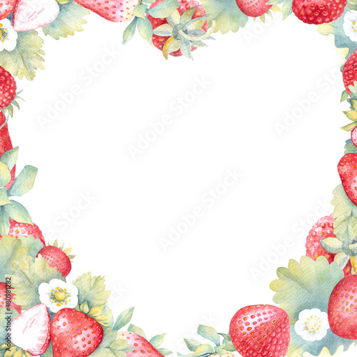 A heart-shaped frame made of watercolor images of strawberries with flowers and leaves. Made by hand. © Olga