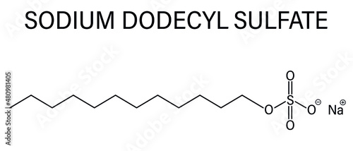 Sodium dodecyl sulfate or SDS, sodium lauryl sulfate, surfactant molecule. Commonly used in cleaning products. Skeletal formula.