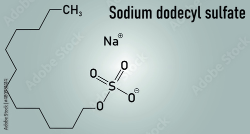 Sodium dodecyl sulfate or SDS, sodium lauryl sulfate, surfactant molecule. Commonly used in cleaning products. Skeletal formula.