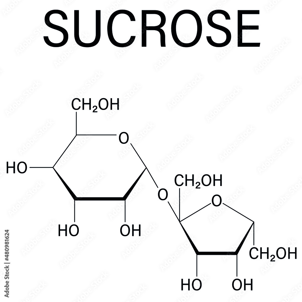 Sucrose sugar molecule. Also known as table sugar, cane sugar or beet