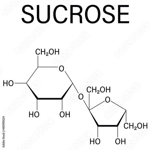 Sucrose sugar molecule. Also known as table sugar, cane sugar or beet sugar. Skeletal formula.