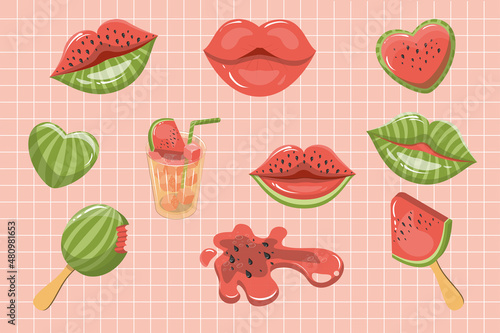 Food cartoon. Summer desserts. watermelon ice cream, ice cream slice, juicy lips, watermelon kiss