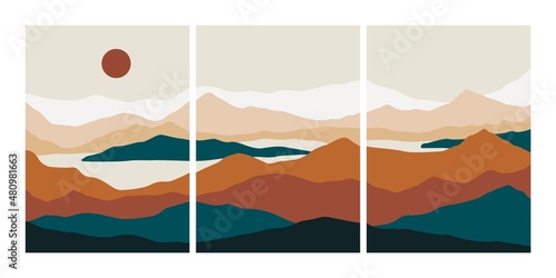 Abstract landscape collage. Minimalist posters mountains lake sea moon sun, contemporary vector wall art design for print © Yelyzaveta