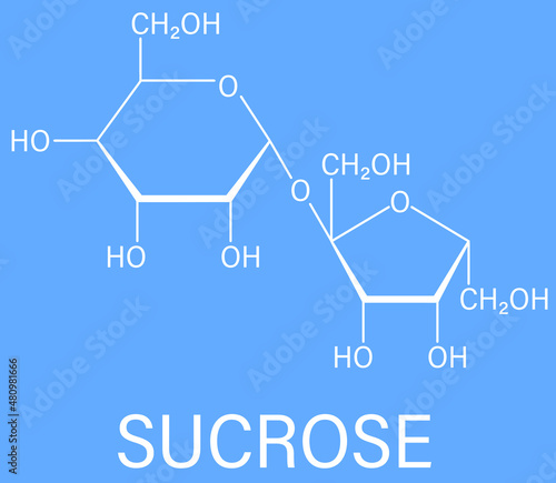 Sucrose sugar molecule. Also known as table sugar, cane sugar or beet sugar. Skeletal formula.