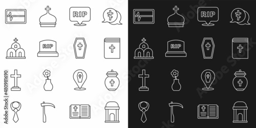 Set line Old crypt, Funeral urn, Holy bible book, Speech bubble rip death, Tombstone with RIP written, Church building, Beat dead monitor and Coffin cross icon. Vector