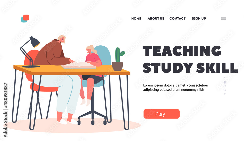 Teaching Study Skill Landing Page Template. Mother Help Daughter with Homework. Characters Sitting at Table Reading Book