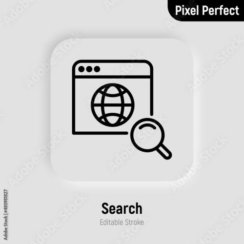Searching in internet. Magnigying glass on web page thin line icon. Pixel perfect, editable stroke. Vector illustration.