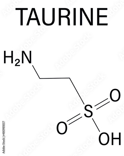 Taurine or 2-aminoethanesulfonic acid molecule. Common ingredient of energy drinks and nutritional supplements. Skeletal formula. photo